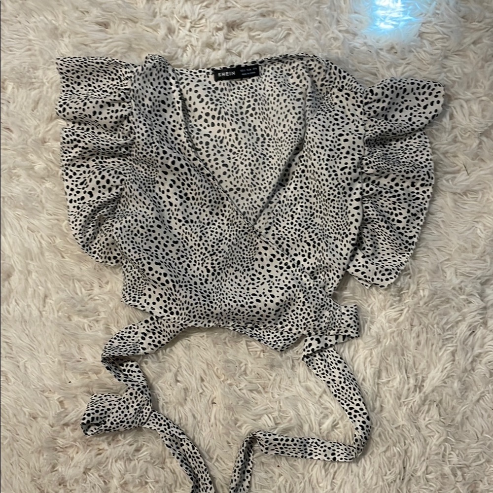 Shein Black and White Polka Dot Wrap Top
